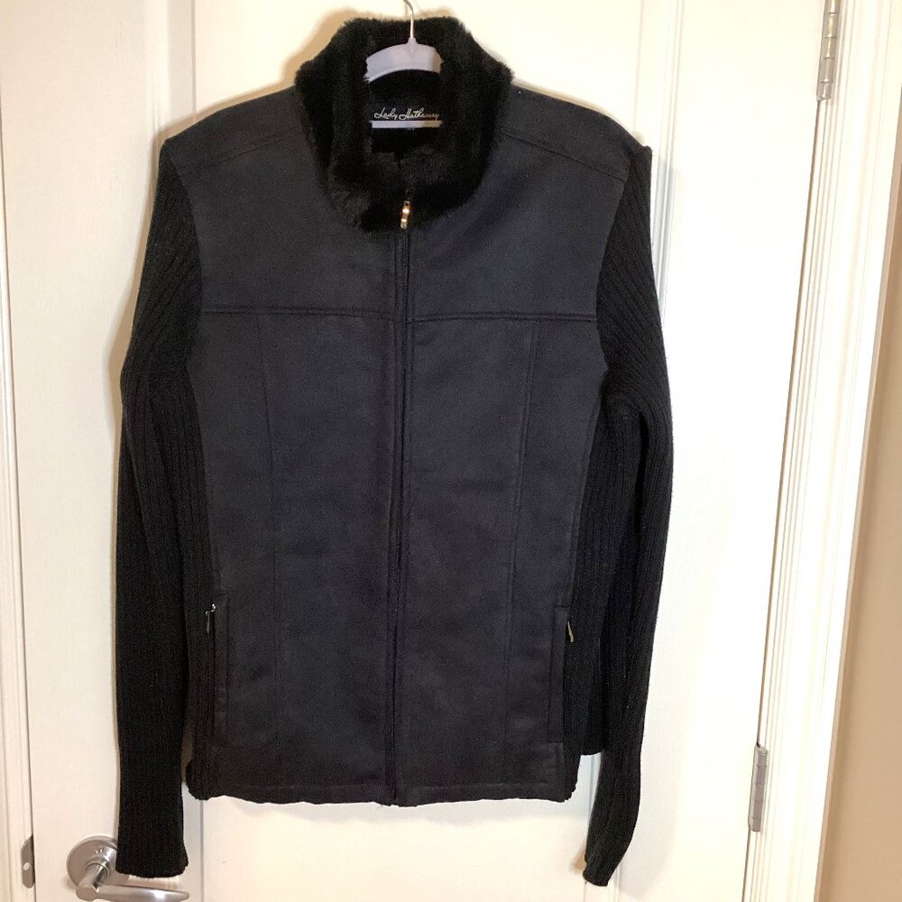 Lady Hathaway Women's Black Faux Suede & Fur Trim Jacket Sweater Sleeves Zip Up